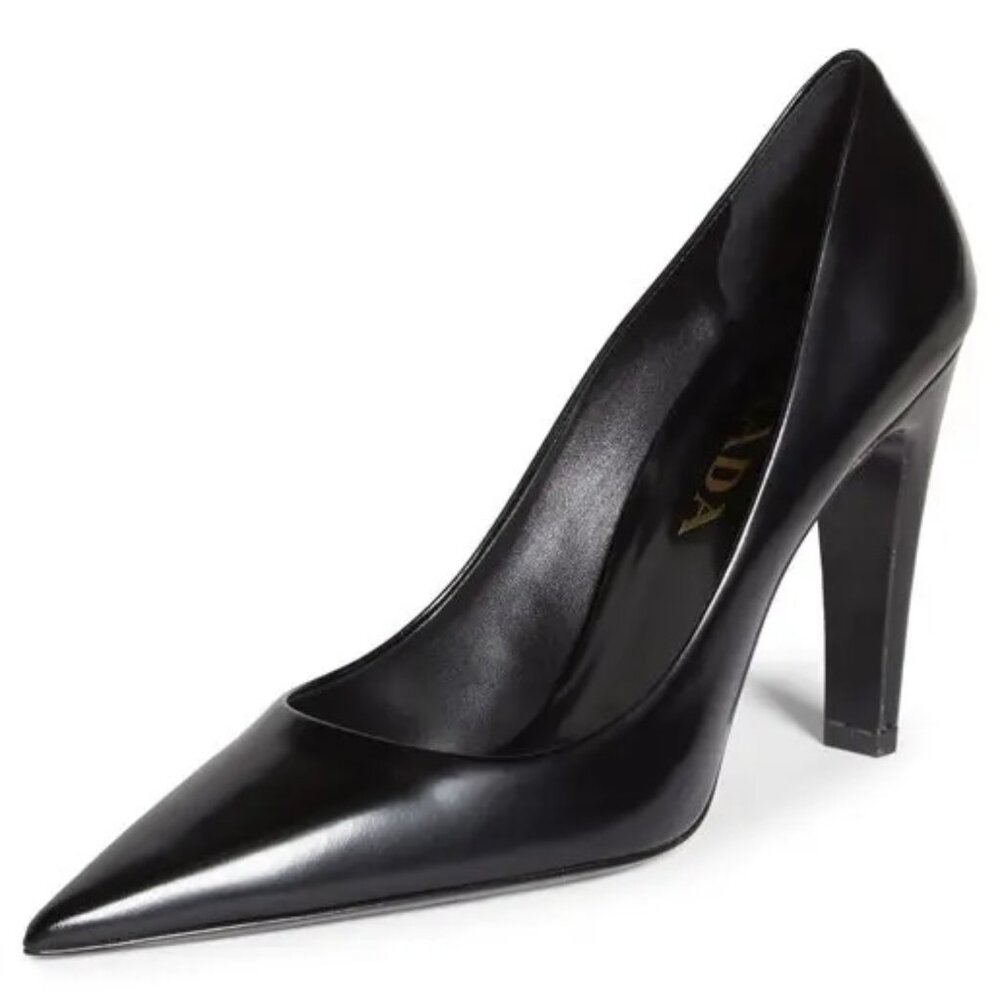 PRADA Triangle Show Leather Pointed Toe Pumps Heels Shoes Black